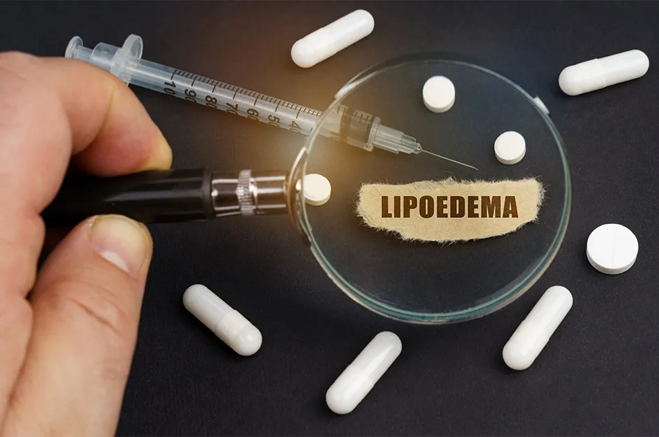 various pills and a syringe on a table next to the word ‘lipoedema’, all viewed through a magnifying glass