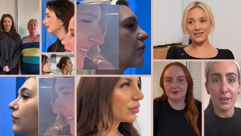 Collage of rhinoplasty patients featured in Manchester Private Hospital testimonials