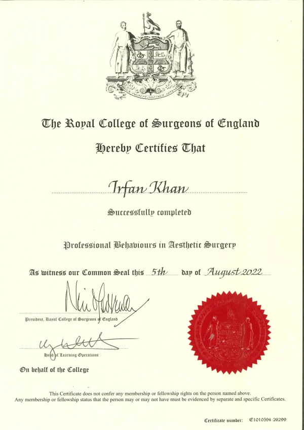 the royal college of surgeons of england certificate - mr irfan khan